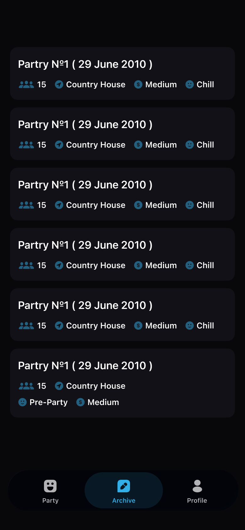 Party archive screen